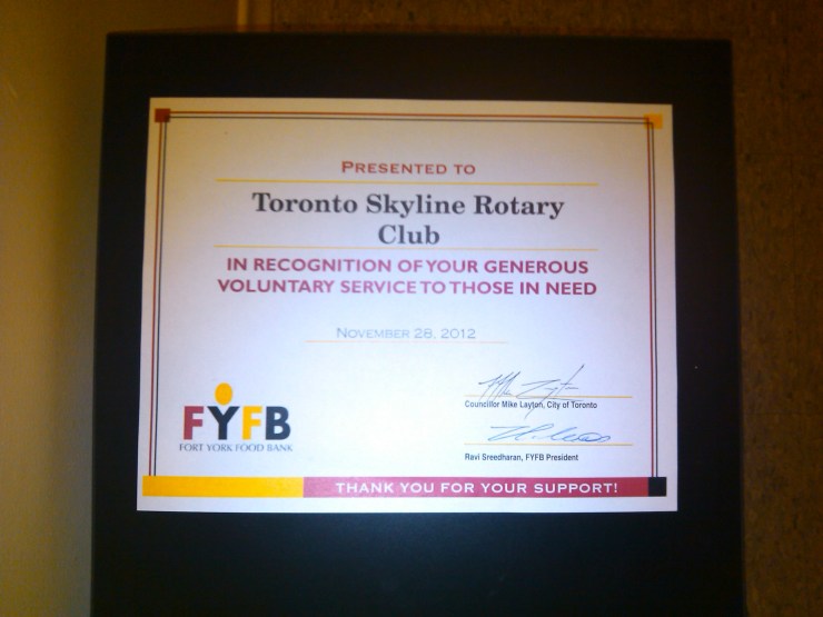 Fort York Food Bank Certificate