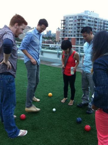 Intense Bocce strategy from the second annual RCTS Bocce Tournament.